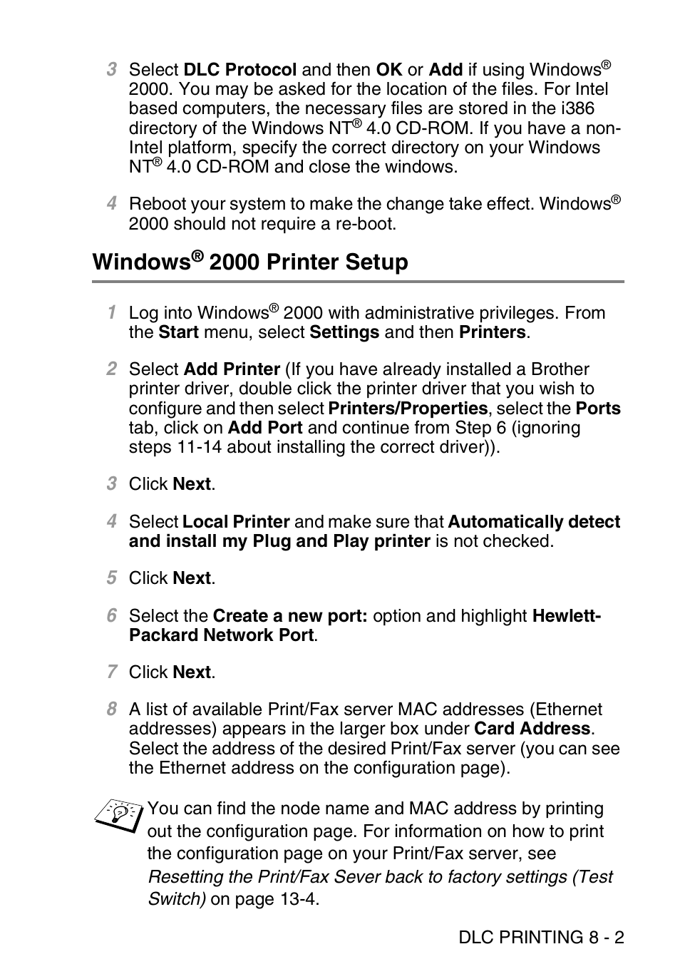 Windows® 2000 printer setup, Windows, 2000 printer setup -2 | 2000 printer setup | Brother MFC 8840D User Manual | Page 84 / 176