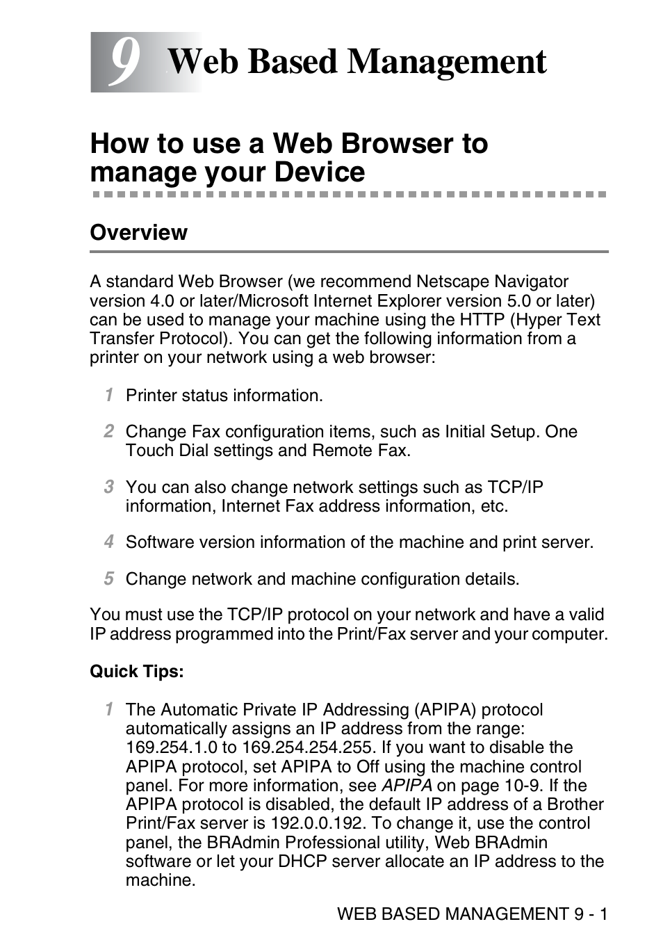 9 web based management, How to use a web browser to manage your device, Overview | Web based management -1, How to use a web browser to manage your device -1, Overview -1, Web based management | Brother MFC 8840D User Manual | Page 88 / 176