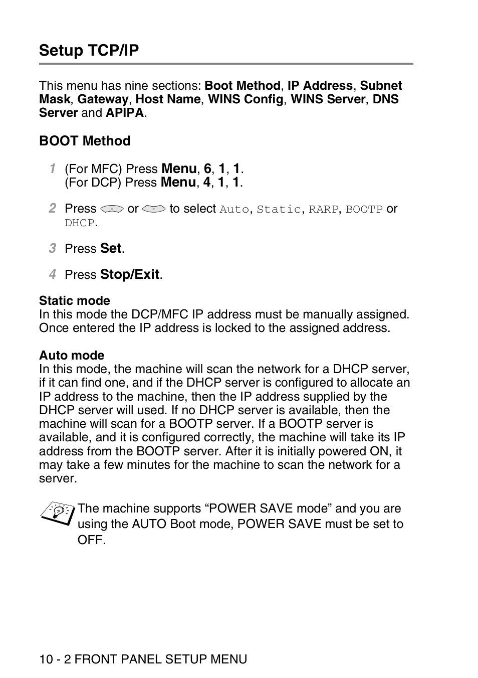 Setup tcp/ip, Boot method, Setup tcp/ip -2 | Boot method -2 | Brother MFC 8840D User Manual | Page 91 / 176