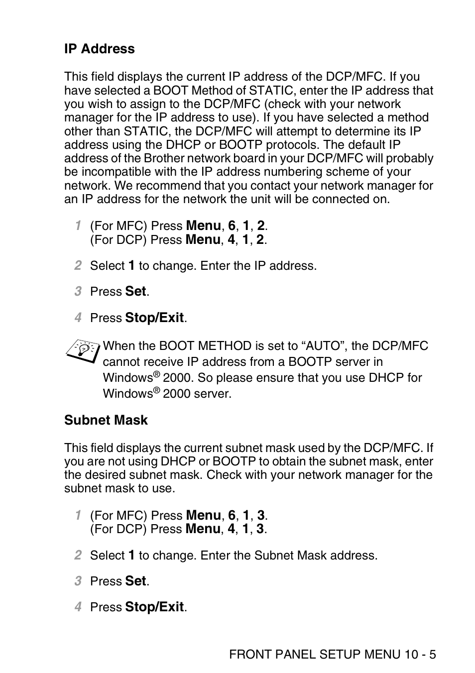 Ip address, Subnet mask, Ip address -5 subnet mask -5 | Brother MFC 8840D User Manual | Page 94 / 176