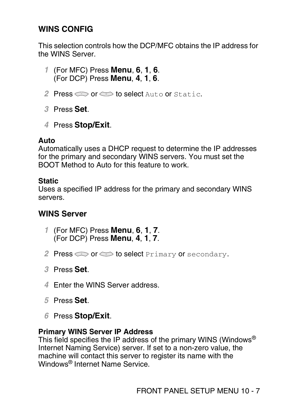 Wins config, Wins server, Wins config -7 wins server -7 | Brother MFC 8840D User Manual | Page 96 / 176