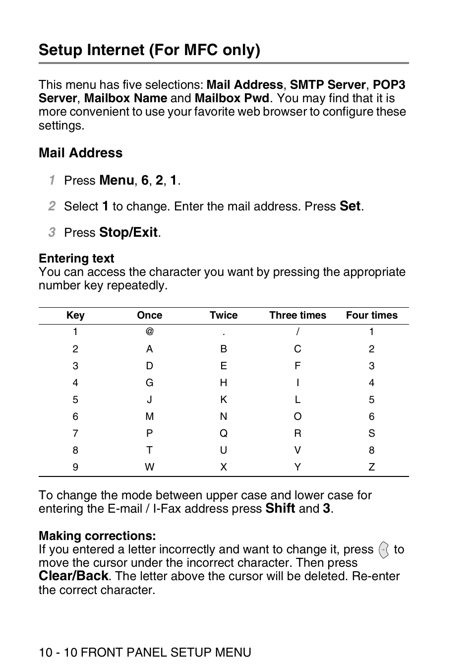 Setup internet (for mfc only), Mail address, Setup internet (for mfc only) -10 | Mail address -10, Mail address 1, Menu, Stop/exit, Shift, Clear/back | Brother MFC 8840D User Manual | Page 99 / 176