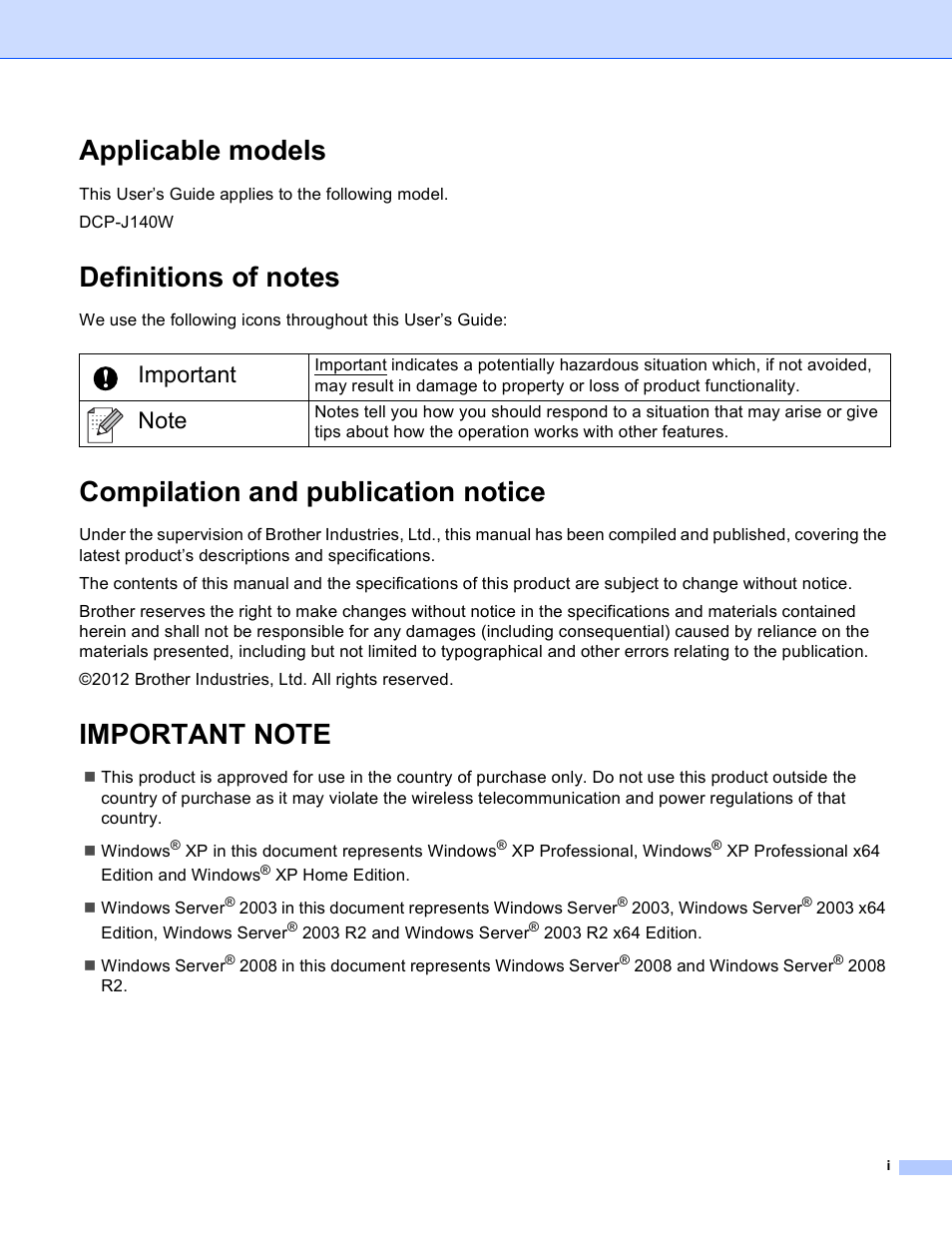 Applicable models, Definitions of notes, Compilation and publication notice | Important note, Important | Brother DCP-J140W User Manual | Page 2 / 41