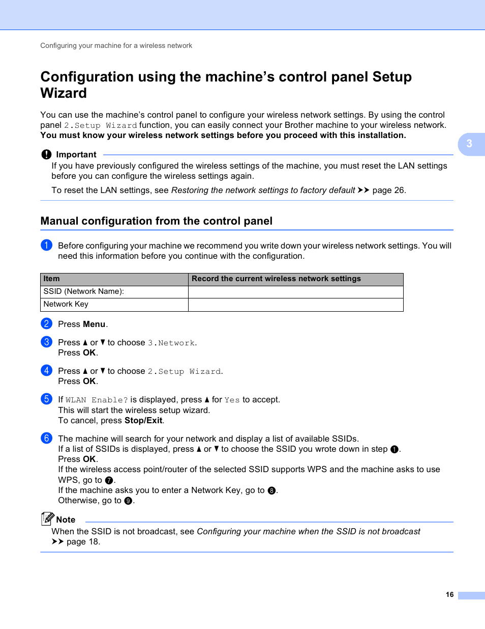 Manual configuration from the control panel | Brother DCP-J140W User Manual | Page 20 / 41