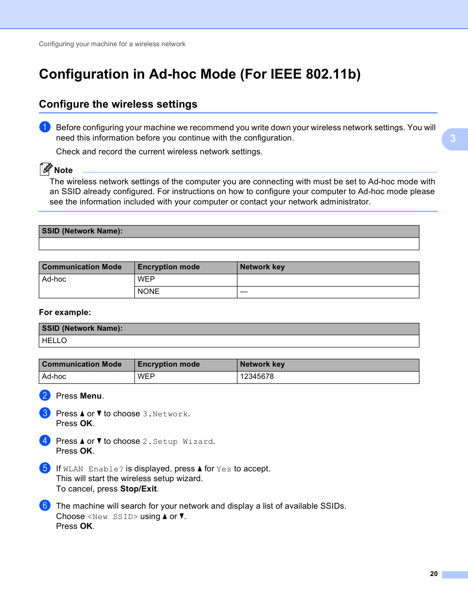 Configuration in ad-hoc mode (for ieee 802.11b), Configure the wireless settings | Brother DCP-J140W User Manual | Page 24 / 41