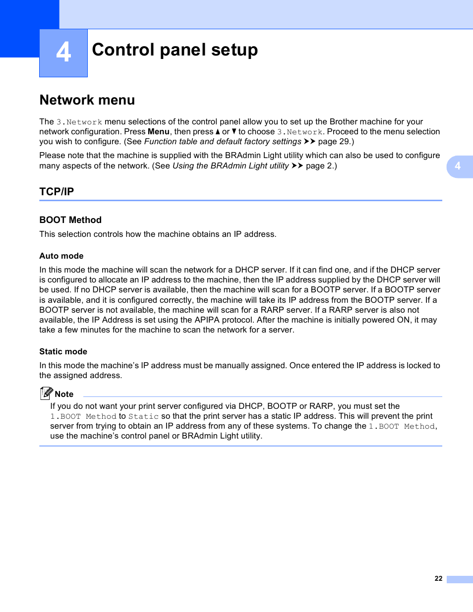 4 control panel setup, Network menu, Tcp/ip | Boot method, Control panel setup | Brother DCP-J140W User Manual | Page 26 / 41