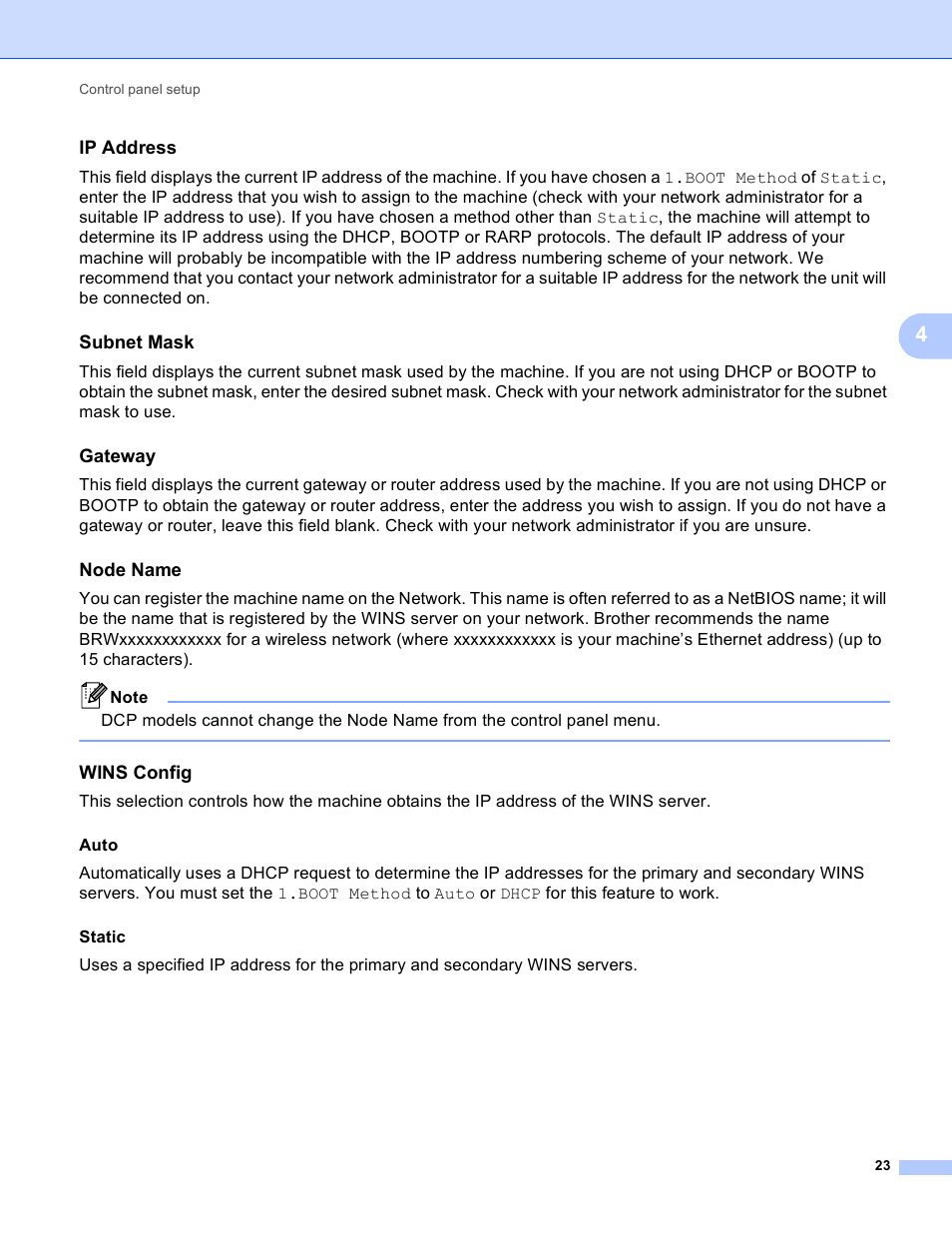 Ip address, Subnet mask, Gateway | Node name, Wins config | Brother DCP-J140W User Manual | Page 27 / 41