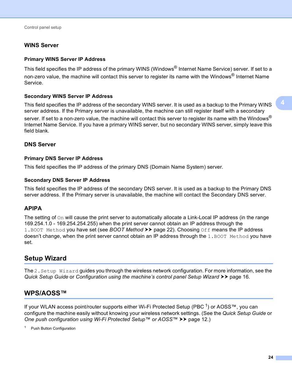 Wins server, Dns server, Apipa | Setup wizard, Wps/aoss, Setup wizard wps/aoss | Brother DCP-J140W User Manual | Page 28 / 41