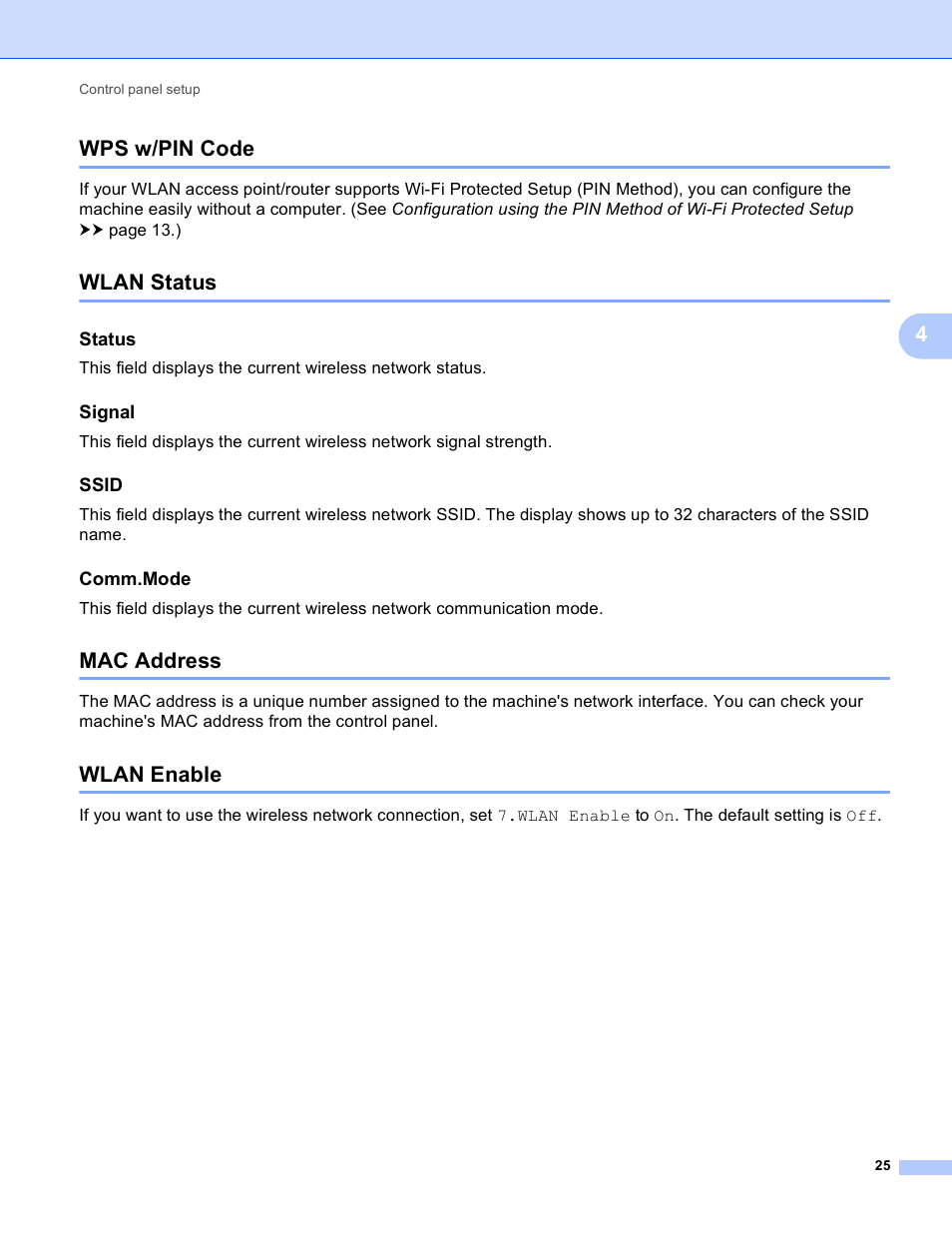 Wps w/pin code, Wlan status, Status | Signal, Ssid, Comm.mode, Mac address, Wlan enable, Wps w/pin code wlan status mac address wlan enable, 4wps w/pin code | Brother DCP-J140W User Manual | Page 29 / 41