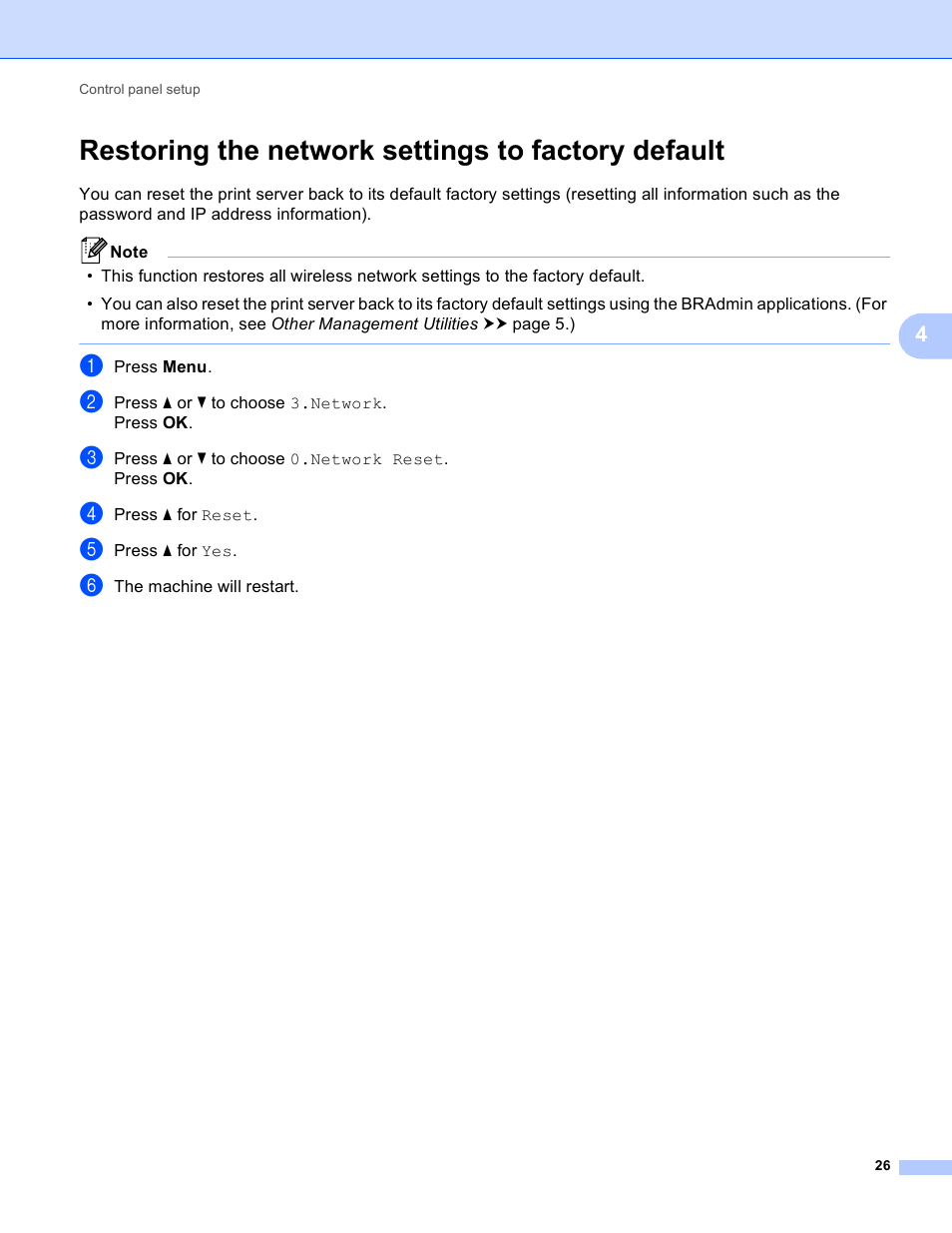 Restoring the network settings to factory default | Brother DCP-J140W User Manual | Page 30 / 41