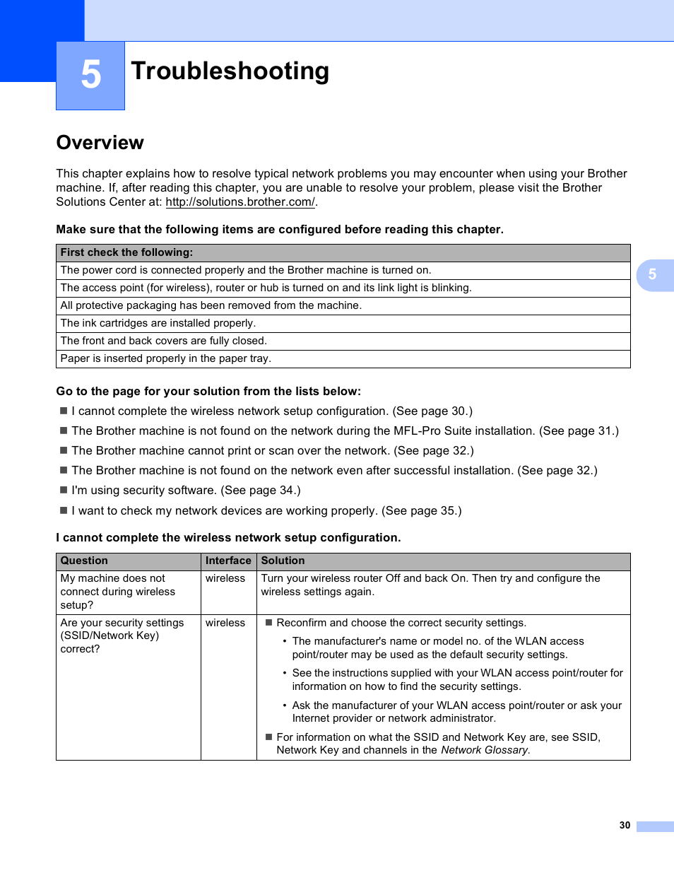 5 troubleshooting, Overview, Troubleshooting | Brother DCP-J140W User Manual | Page 34 / 41