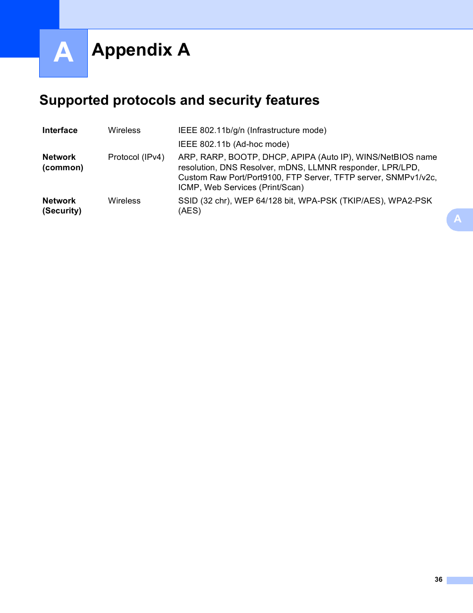 Appendix a, Supported protocols and security features | Brother DCP-J140W User Manual | Page 40 / 41