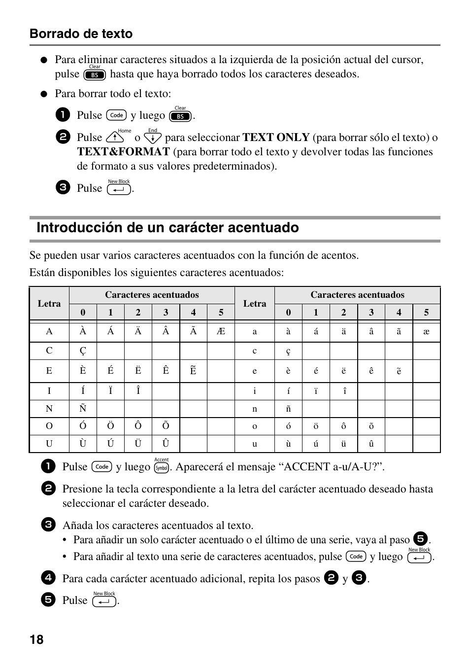 Introducción de un carácter acentuado, 18 borrado de texto, Para borrar todo el texto | Pulse g y luego b, Pulse n | Brother PT-1600 User Manual | Page 100 / 152