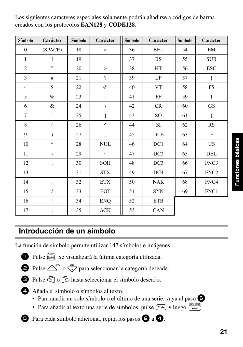 Introducción de un símbolo | Brother PT-1600 User Manual | Page 103 / 152