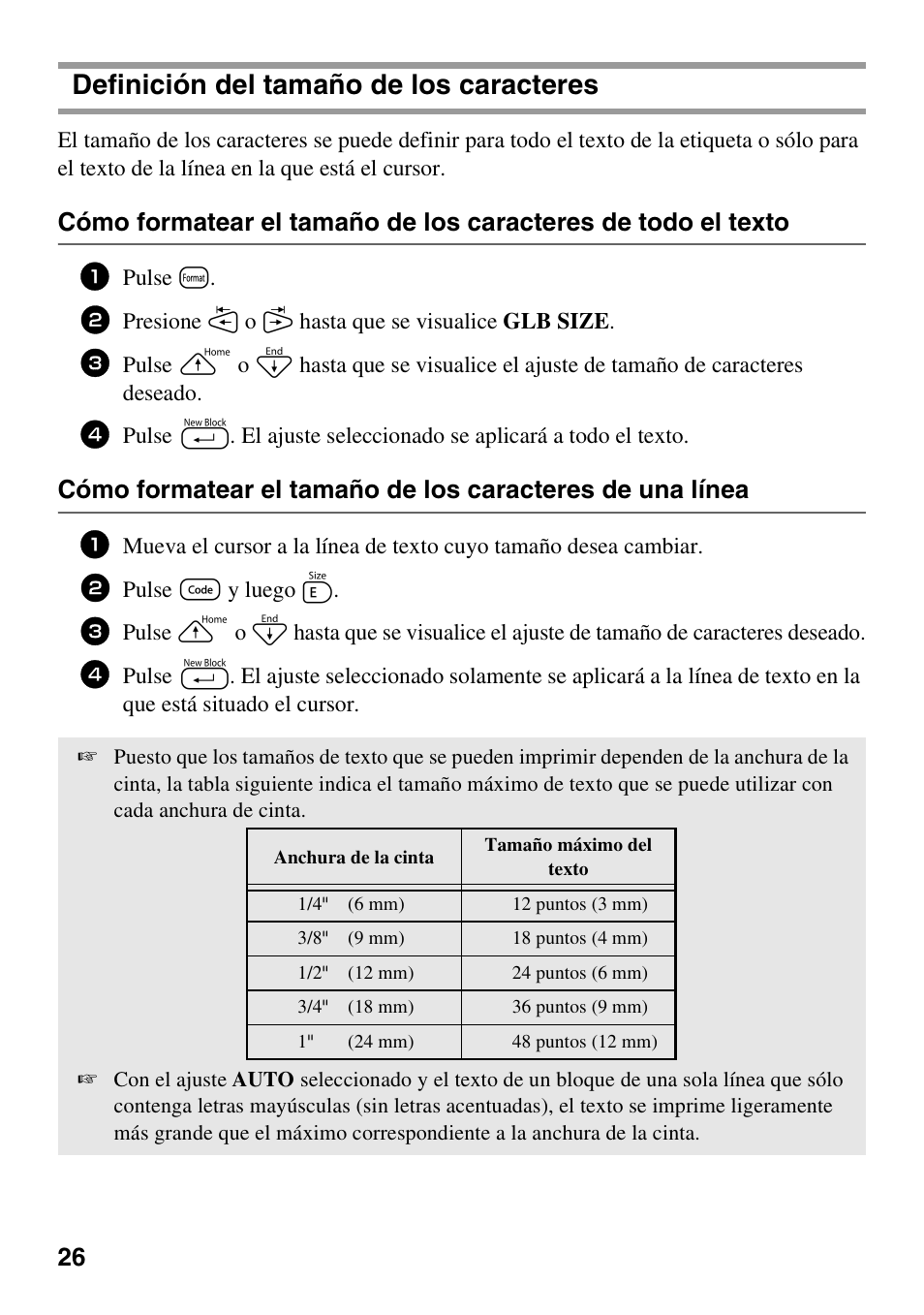 Definición del tamaño de los caracteres, Pulse t, Pulse g y luego e | Brother PT-1600 User Manual | Page 108 / 152