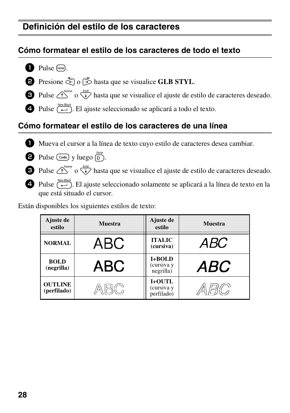Definición del estilo de los caracteres, Pulse t, Pulse g y luego d | Brother PT-1600 User Manual | Page 110 / 152