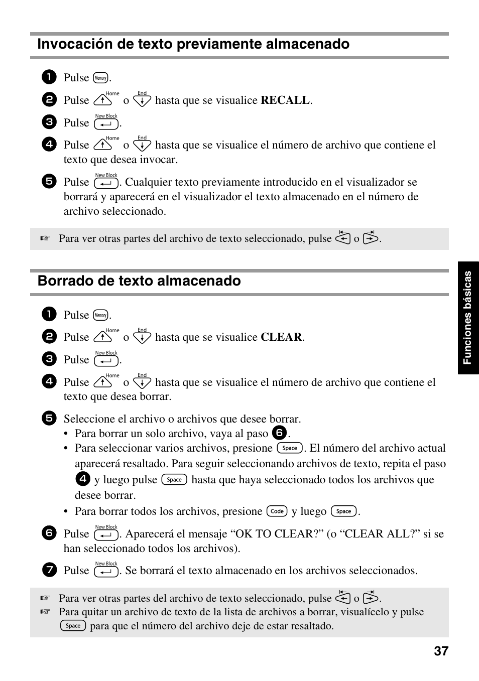 Invocación de texto previamente almacenado, Borrado de texto almacenado | Brother PT-1600 User Manual | Page 119 / 152