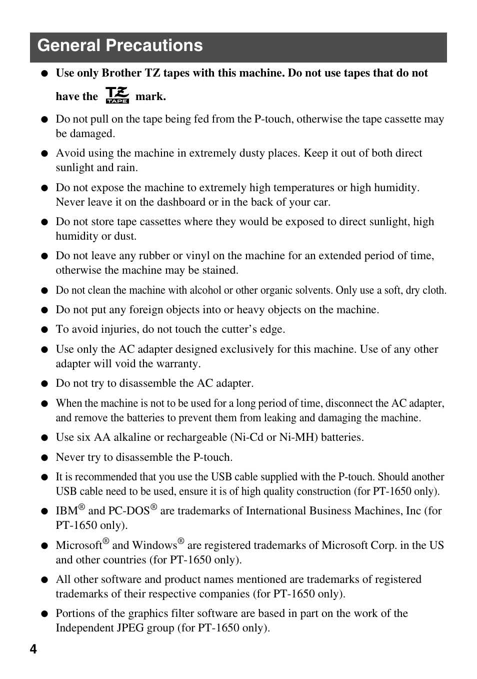 General precautions | Brother PT-1600 User Manual | Page 12 / 152