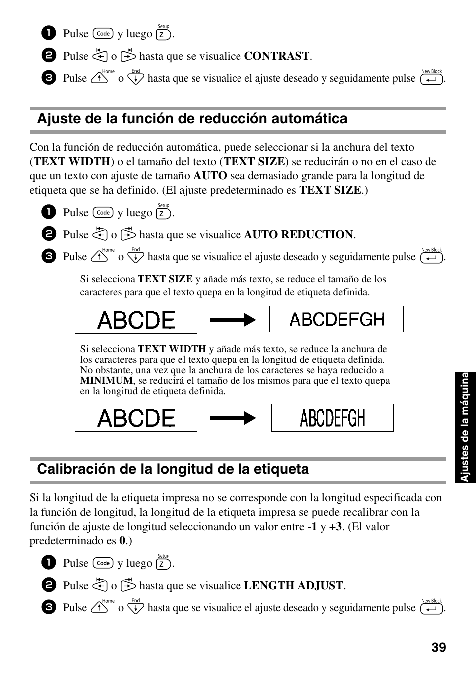 Ajuste de la función de reducción automática, Calibración de la longitud de la etiqueta, Pulse g y luego z | Brother PT-1600 User Manual | Page 121 / 152