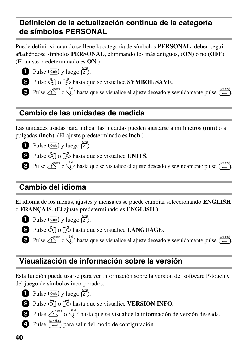 Cambio de las unidades de medida, Cambio del idioma, Visualización de información sobre la versión | Brother PT-1600 User Manual | Page 122 / 152
