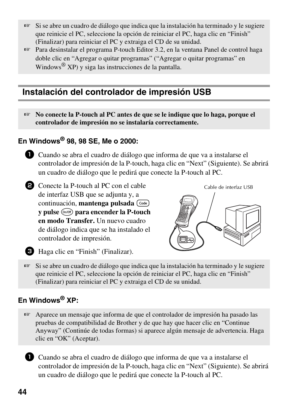 Instalación del controlador de impresión usb | Brother PT-1600 User Manual | Page 126 / 152