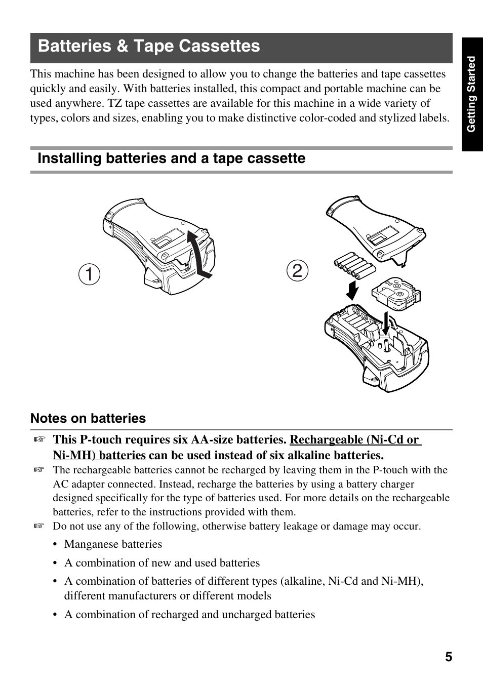 Batteries & tape cassettes, Installing batteries and a tape cassette | Brother PT-1600 User Manual | Page 13 / 152