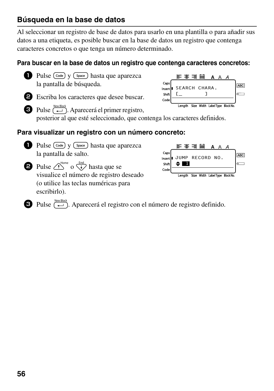 56 búsqueda en la base de datos, Escriba los caracteres que desee buscar | Brother PT-1600 User Manual | Page 138 / 152