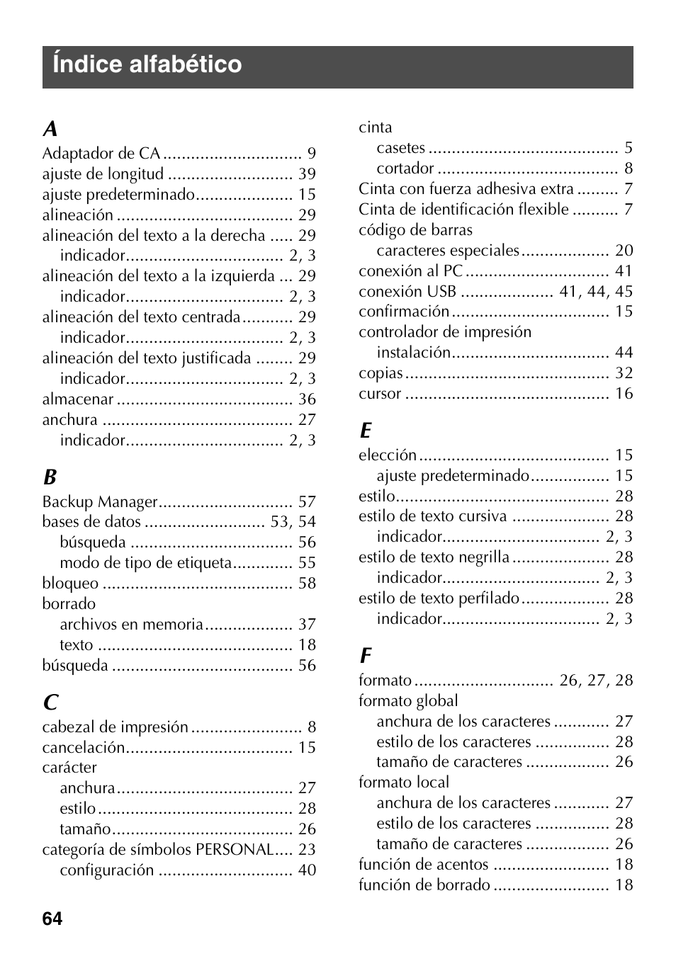 Índice alfabético | Brother PT-1600 User Manual | Page 146 / 152