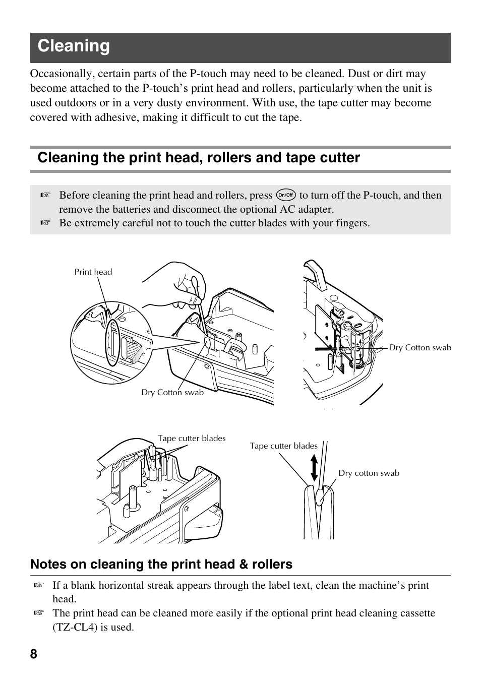 Cleaning, Cleaning the print head, rollers and tape cutter | Brother PT-1600 User Manual | Page 16 / 152