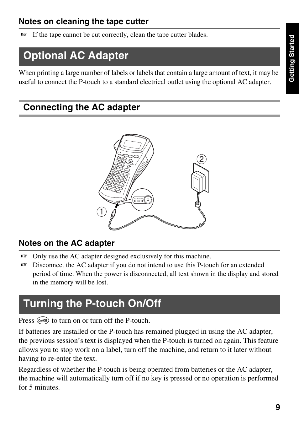 Optional ac adapter, Turning the p-touch on/off, Connecting the ac adapter | Brother PT-1600 User Manual | Page 17 / 152