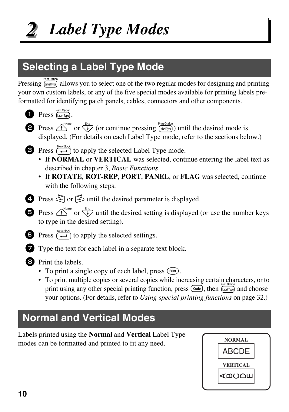 Label type modes, Selecting a label type mode, Normal and vertical modes | Brother PT-1600 User Manual | Page 18 / 152