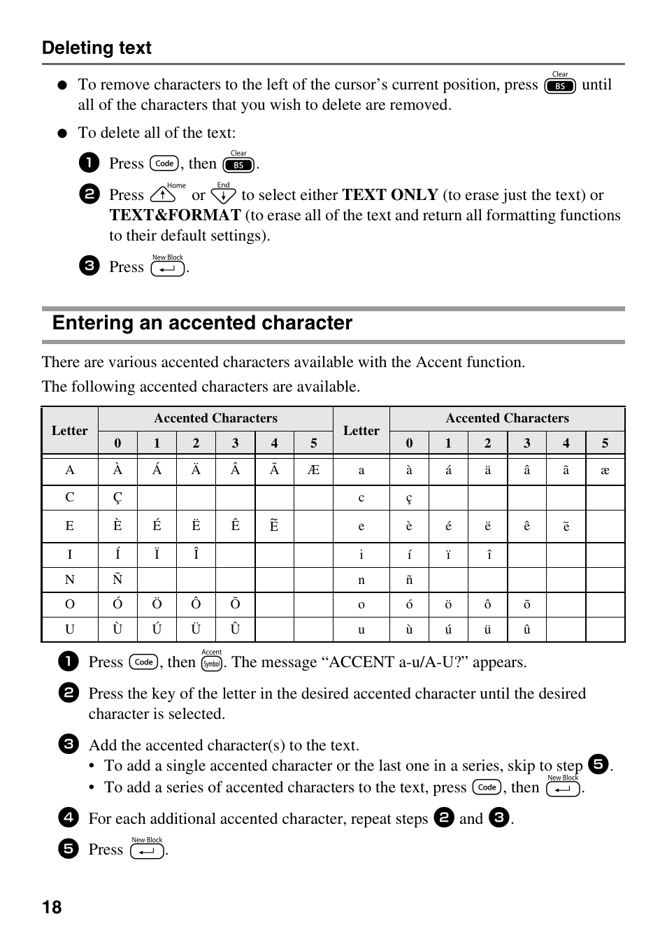 Entering an accented character, 18 deleting text, Press g, then b | Press n | Brother PT-1600 User Manual | Page 26 / 152