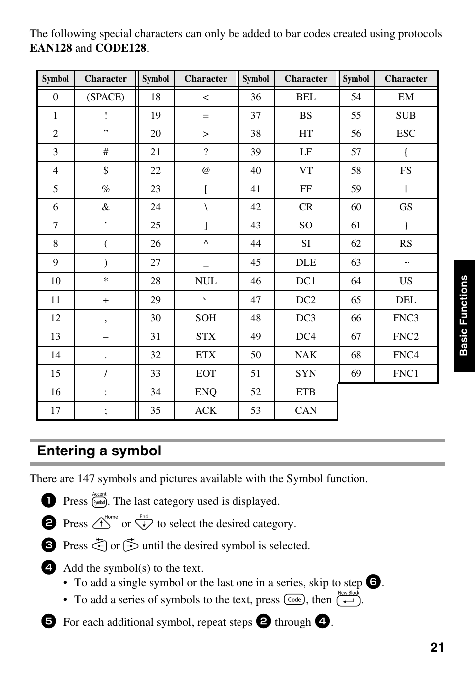 Entering a symbol | Brother PT-1600 User Manual | Page 29 / 152