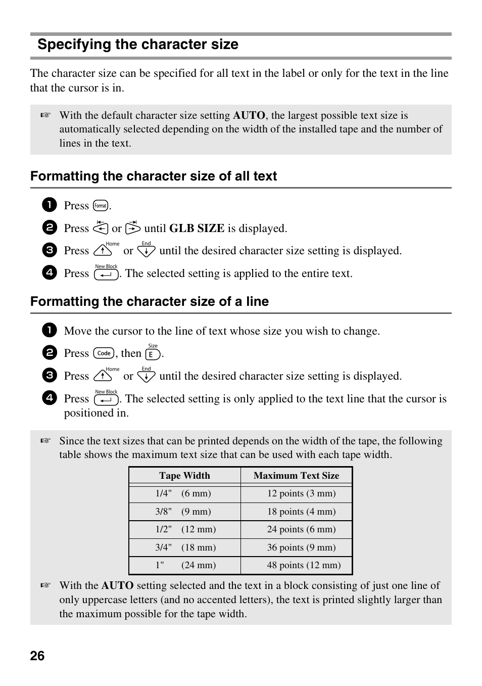 Specifying the character size, Formatting the character size of all text, Formatting the character size of a line | Brother PT-1600 User Manual | Page 34 / 152