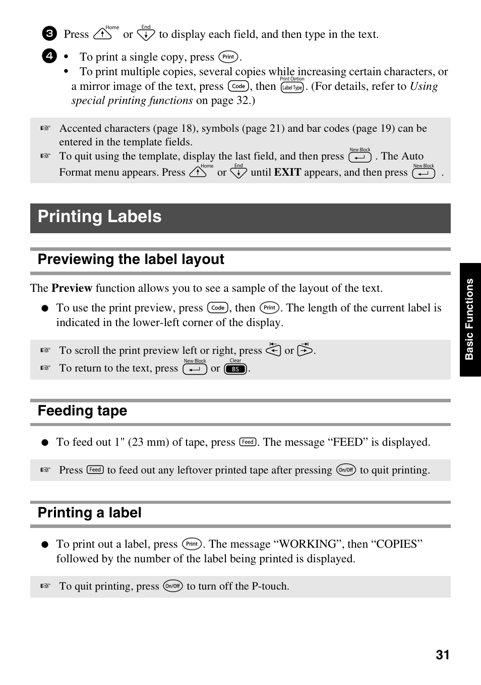 Printing labels, Previewing the label layout, Feeding tape | Printing a label | Brother PT-1600 User Manual | Page 39 / 152