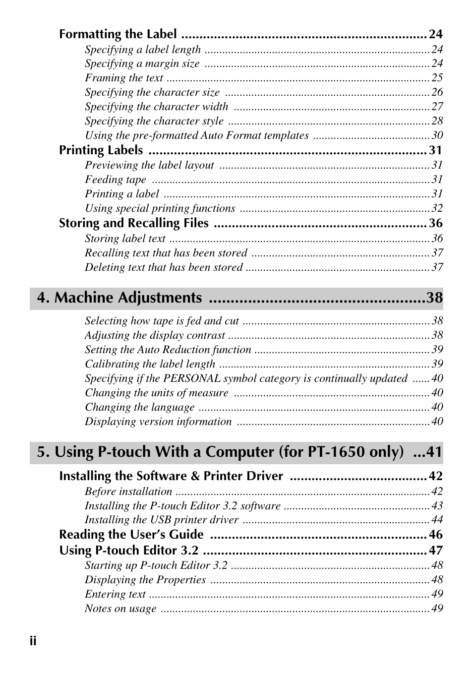 Machine adjustments, Using p-touch with a computer (for pt-1650 only) | Brother PT-1600 User Manual | Page 4 / 152