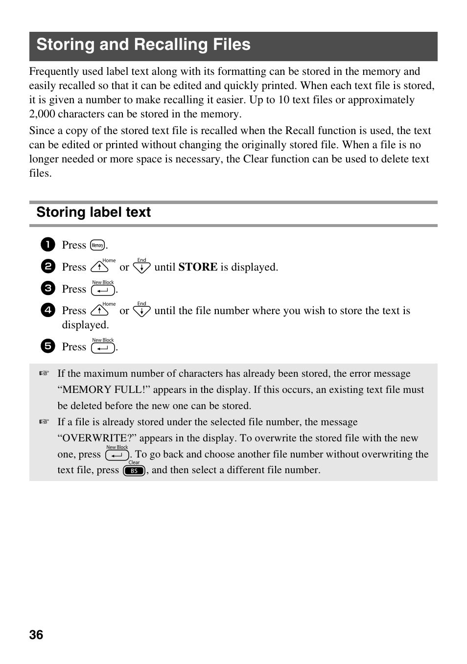 Storing and recalling files, Storing label text | Brother PT-1600 User Manual | Page 44 / 152