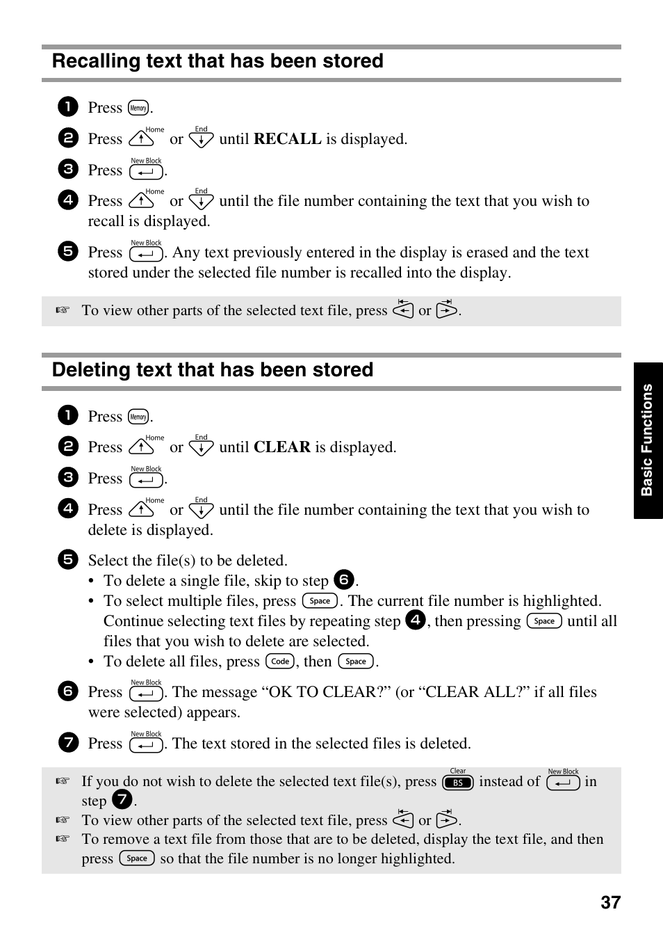 Recalling text that has been stored, Deleting text that has been stored | Brother PT-1600 User Manual | Page 45 / 152