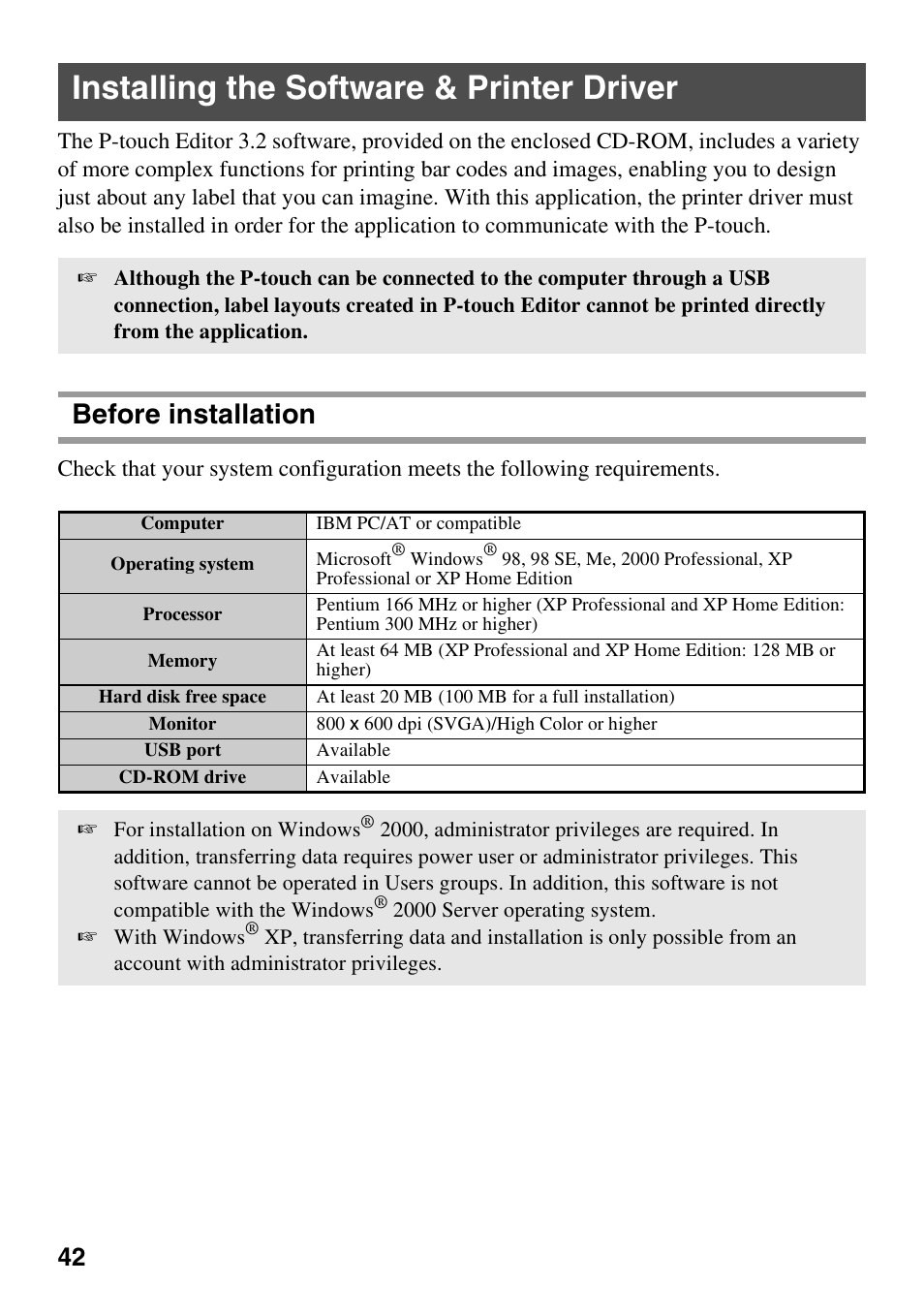 Installing the software & printer driver, Before installation | Brother PT-1600 User Manual | Page 50 / 152