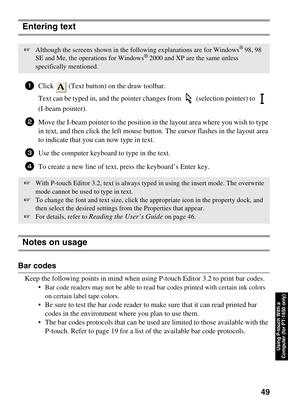 Entering text, Bar codes | Brother PT-1600 User Manual | Page 57 / 152