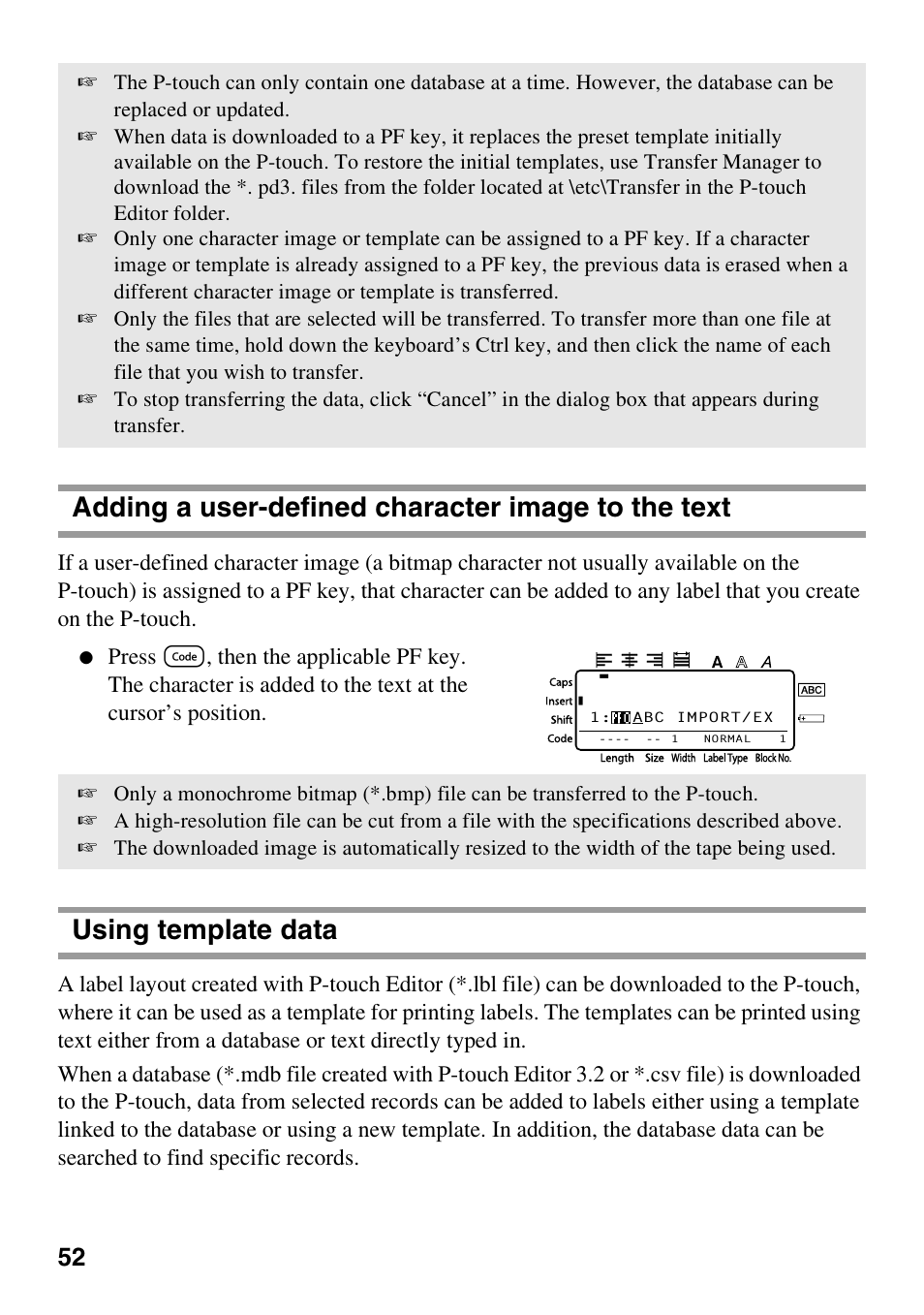 Adding a user-defined character image to the text, Using template data | Brother PT-1600 User Manual | Page 60 / 152