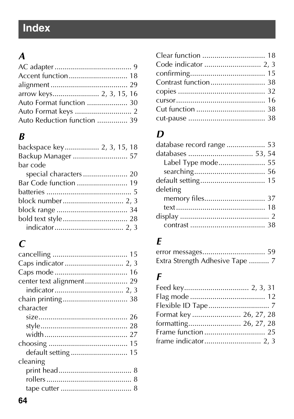 Index | Brother PT-1600 User Manual | Page 72 / 152