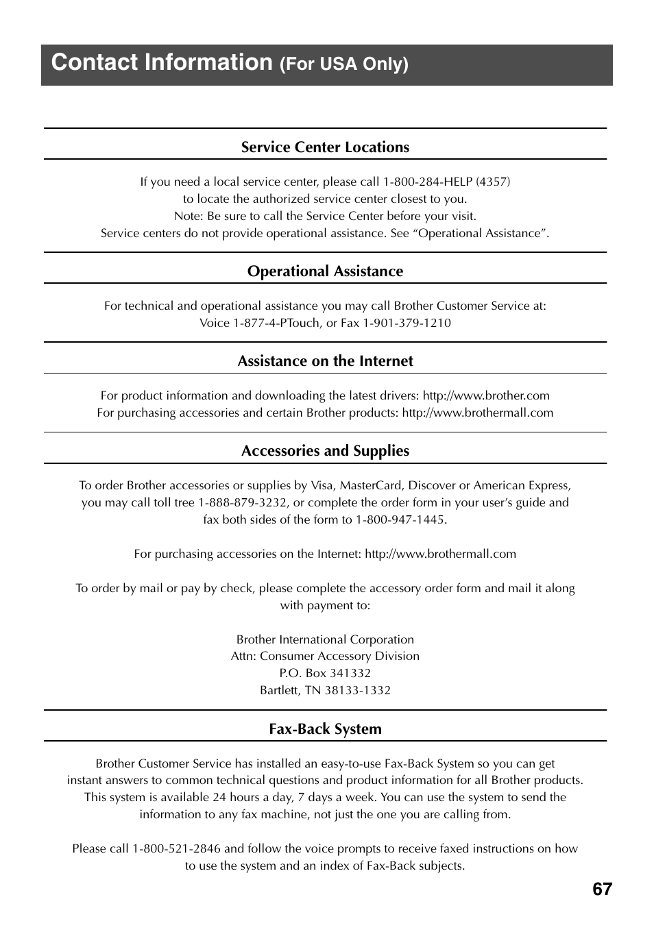 Contact information, For usa only) | Brother PT-1600 User Manual | Page 75 / 152