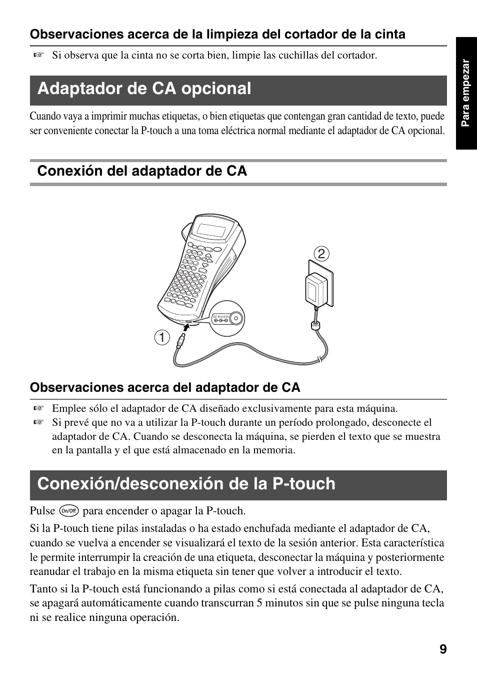 Adaptador de ca opcional, Conexión/desconexión de la p-touch, Conexión del adaptador de ca | Brother PT-1600 User Manual | Page 91 / 152