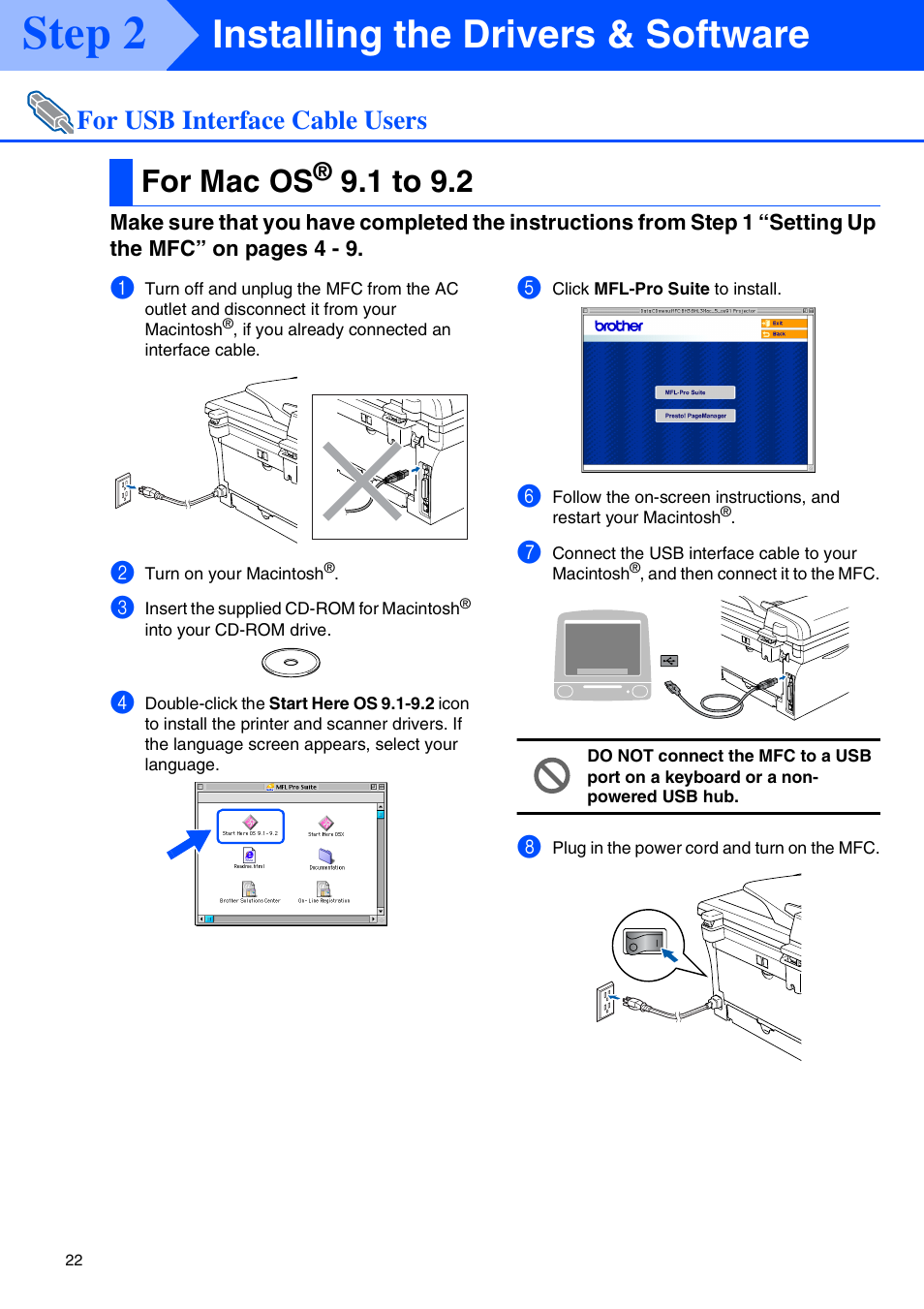 For usb interface cable users, For mac os® 9.1 to 9.2, For mac os | 1 to 9.2, Usb interface cable users ■ for mac os, Step 2, Installing the drivers & software | Brother MFC-7820N User Manual | Page 24 / 38