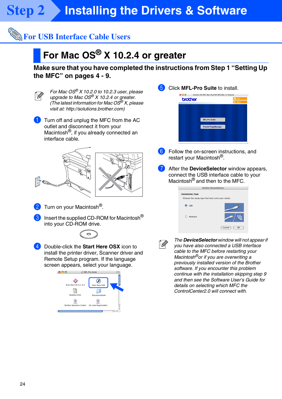 For mac os® x 10.2.4 or greater, For mac os, X 10.2.4 or greater | Step 2, Installing the drivers & software, For usb interface cable users | Brother MFC-7820N User Manual | Page 26 / 38