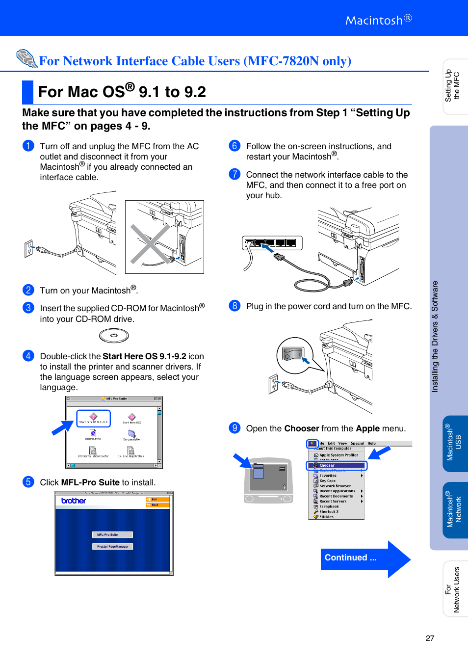 For network interface cable users (mfc-7820n only), For mac os® 9.1 to 9.2, For mac os | 1 to 9.2 | Brother MFC-7820N User Manual | Page 29 / 38