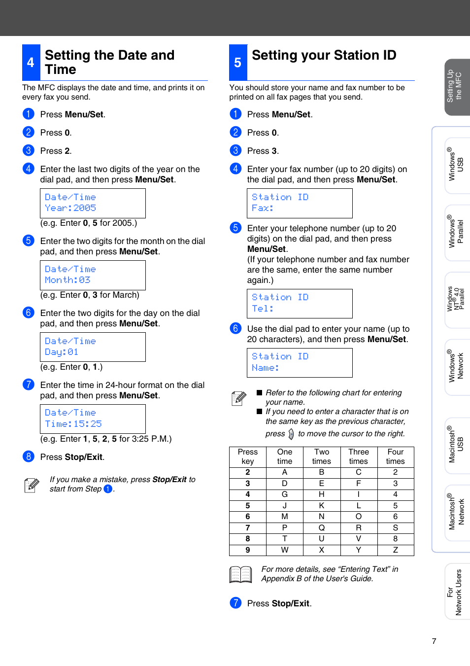 4 setting the date and time, 5 setting your station id, Setting the date and time | Setting your station id, 4setting the date and time, 5setting your station id, Station id fax: station id tel: station id name | Brother MFC-7820N User Manual | Page 9 / 38