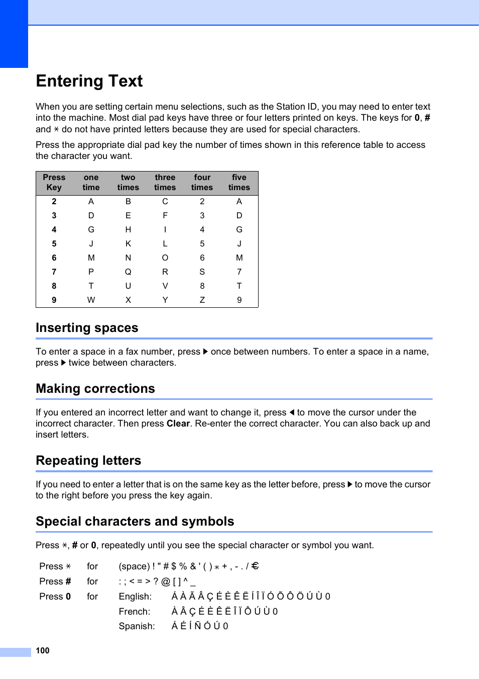 Entering text, Inserting spaces, Making corrections | Repeating letters, Special characters and symbols | Brother MFC-J630W User Manual | Page 114 / 129