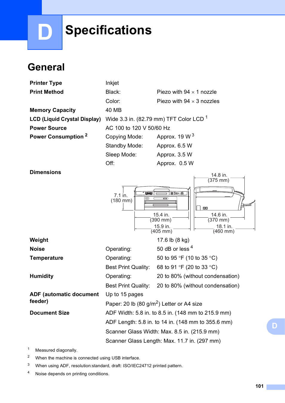 D specifications, General, Specifications | Brother MFC-J630W User Manual | Page 115 / 129